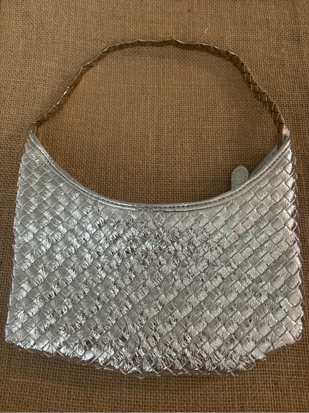 Woven Metallic Shoulder Bag in Silver with Gold Chain Strap